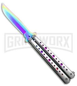 Chalkhill Balisong Rainbow Butterfly Knife - Dotted Silver Handle With Purple