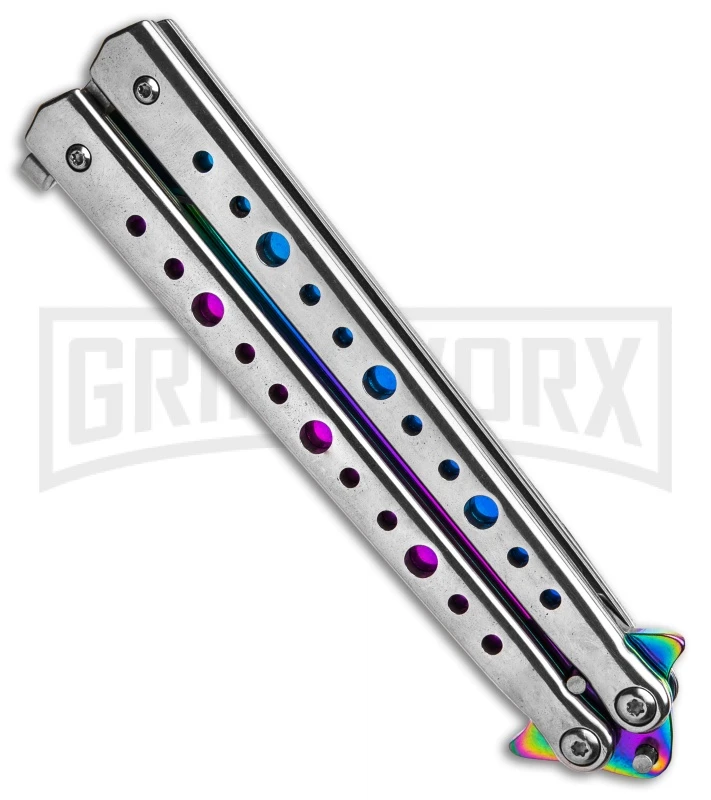 Chalkhill Balisong Rainbow Butterfly Knife - Dotted Silver Handle With Purple 3 Chalkhill Balisong Rainbow Butterfly Knife - Dotted Silver Handle With Purple - Image 3