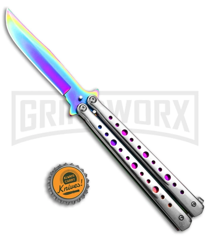 Chalkhill Balisong Rainbow Butterfly Knife - Dotted Silver Handle With Purple 4 Chalkhill Balisong Rainbow Butterfly Knife - Dotted Silver Handle With Purple - Image 4