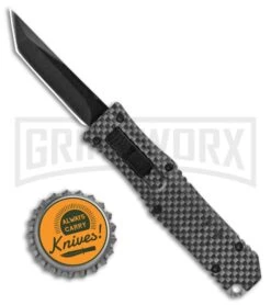 Mini Marvel Sim. Carbon Fiber HL OTF Automatic Knife - Black Tanto Blade -Buck Knives Sales Store Coffin Blaster Sim CF DA OTF Auto Tanto Black GX 33815 jr bottlecap large