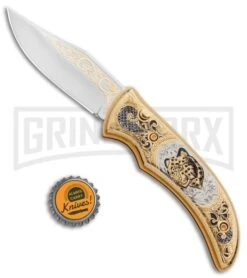 Custom Russian Gold Leopard Automatic Knife - Polish Plain -Buck Knives Sales Store Custom Russian Gold Leopard Auto Polish RV HC3 LEOPARD GX 31048 jr bottlecap large