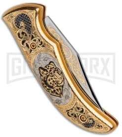 Custom Russian Gold Leopard Automatic Knife - Polish Plain -Buck Knives Sales Store Custom Russian Gold Leopard Auto Polish RV HC3 LEOPARD GX 31048 jr side large