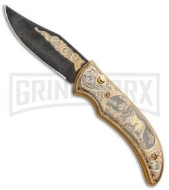 Custom Russian Gold Lion Automatic Knife - Damascus Plain