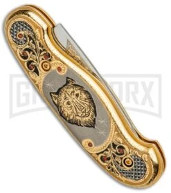 Custom Russian Gold Wolf Automatic Knife - Polish Plain -Buck Knives Sales Store Custom Russian Gold Wolf Auto Polish RV HC2M WOLF GX 31047 jr side large