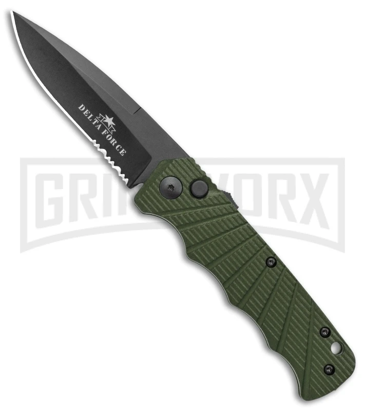 Delta Force Automatic Knife OD Green Aluminum Drop Point - Black Serr 1 Delta Force Automatic Knife OD Green Aluminum Drop Point - Black Serr