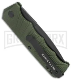 Delta Force Automatic Knife OD Green Aluminum Drop Point - Black Serr 6 Delta Force Automatic Knife OD Green Aluminum Drop Point - Black Serr -Buck Knives Sales Store Delta Force Auto OD Green Aluminum DP Black Serr GX 38233 jr side large