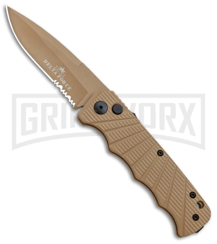 Delta Force Automatic Knife Tan Aluminum - Tan Partially Serrated 1 Delta Force Automatic Knife Tan Aluminum - Tan Partially Serrated