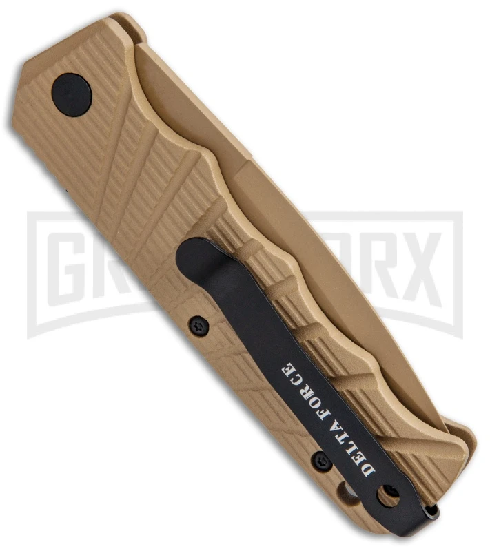 Delta Force Automatic Knife Tan Aluminum - Tan Partially Serrated 3 Delta Force Automatic Knife Tan Aluminum - Tan Partially Serrated - Image 3
