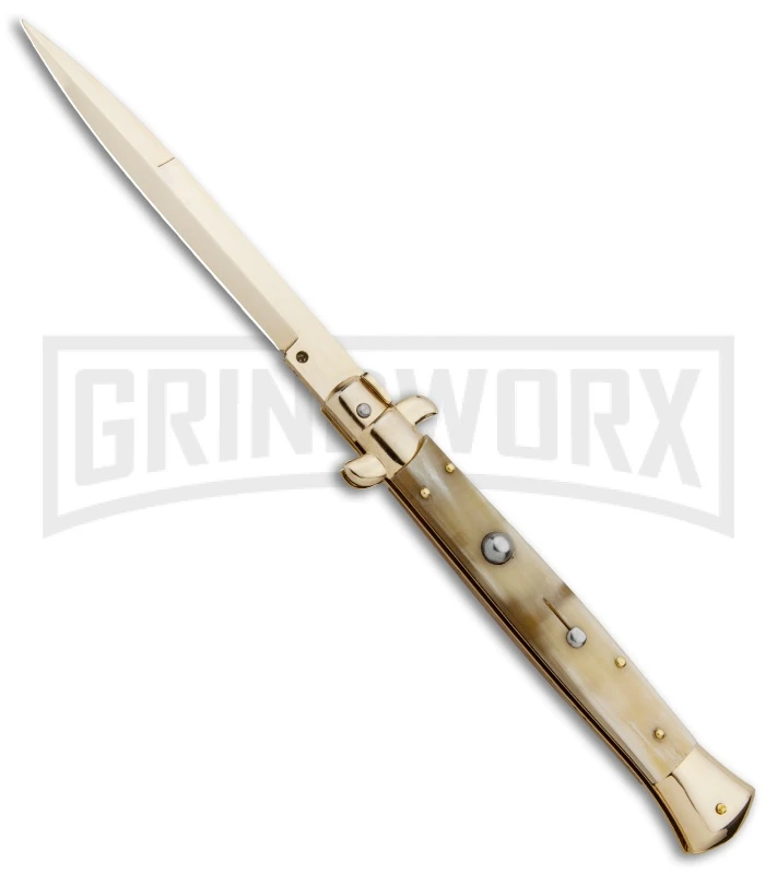 Frank B. 11" Italian Stiletto Honey Horn Automatic Knife - Bayonet Gold 1 Frank B. 11" Italian Stiletto Honey Horn Automatic Knife - Bayonet Gold