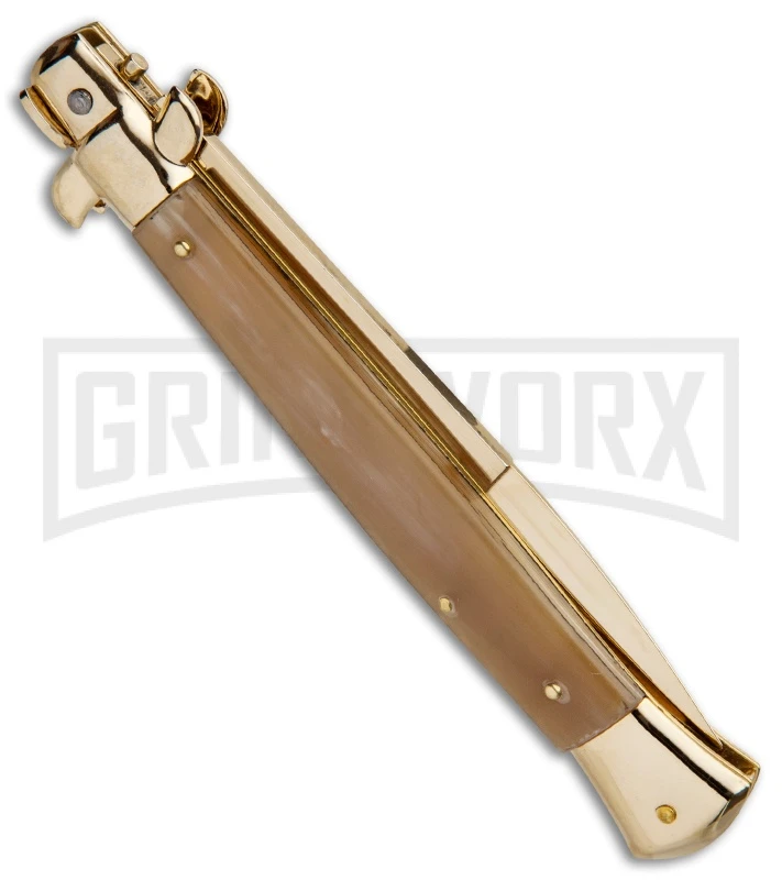 Frank B. 11" Italian Stiletto Honey Horn Automatic Knife - Bayonet Gold 3 Frank B. 11" Italian Stiletto Honey Horn Automatic Knife - Bayonet Gold - Image 3