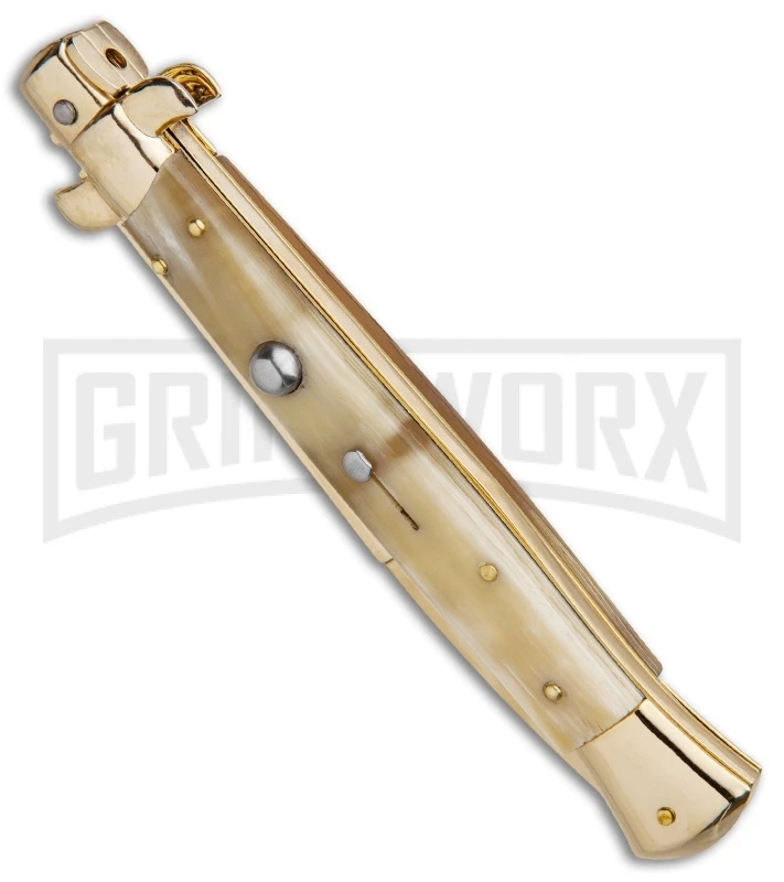 Frank B. 11" Italian Stiletto Honey Horn Automatic Knife - Bayonet Gold 2 Frank B. 11" Italian Stiletto Honey Horn Automatic Knife - Bayonet Gold - Image 2