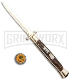 Frank B. 11" Stag Italian Stiletto Swinguard Gold Plated - Bayonet Gold -Buck Knives Sales Store Frank B 11in Italian Stiletto Swinguard Stag Gold Bayo GX 5357 jr bottlecap large