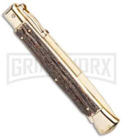 Frank B. 11" Stag Italian Stiletto Swinguard Gold Plated - Bayonet Gold -Buck Knives Sales Store Frank B 11in Italian Stiletto Swinguard Stag Gold Bayo GX 5357 jr side large