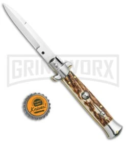 Frank B 7.5" Italian Stiletto Stag Horn Automatic Knife - Bayonet 7 Frank B 7.5" Italian Stiletto Stag Horn Automatic Knife - Bayonet -Buck Knives Sales Store Frank B 7.5in Italian Stiletto Auto Bayo Stag Horn Satin BHQ 114618 jr bottlecap large