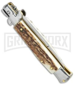 Frank B 7.5" Italian Stiletto Stag Horn Automatic Knife - Bayonet 6 Frank B 7.5" Italian Stiletto Stag Horn Automatic Knife - Bayonet -Buck Knives Sales Store Frank B 7.5in Italian Stiletto Auto Bayo Stag Horn Satin BHQ 114618 jr side large