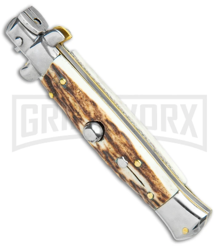 Frank B 7.5" Italian Stiletto Stag Horn Automatic Knife - Bayonet 2 Frank B 7.5" Italian Stiletto Stag Horn Automatic Knife - Bayonet - Image 2