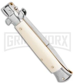Frank B 9" Italian Stiletto Sim Ivory Automatic Knife - Bayo Satin 6 Frank B 9" Italian Stiletto Sim Ivory Automatic Knife - Bayo Satin -Buck Knives Sales Store Frank B 9 Italian Stiletto Bayonet Automatic Knife Sim Ivory 3.8 Satin BHQ 116594 LS Side large