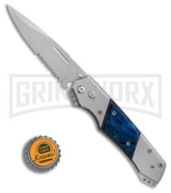 Super Knife Croc Automatic Knife Stainless W/ Blue Inlay - Satin Serr -Buck Knives Sales Store GA303MBL BP 25774 er bottlecap large