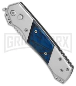Super Knife Croc Automatic Knife Stainless W/ Blue Inlay - Satin Serr -Buck Knives Sales Store GA303MBL BP 25774 er spine large