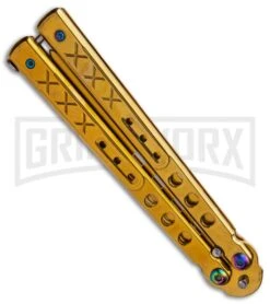 Gold Balisong Trainer Butterfly Knife - Gold Dull 6 Gold Balisong Trainer Butterfly Knife - Gold Dull -Buck Knives Sales Store Gold Balisong Trainer Butterfly Knife Gold Finish GX 37657 td side large