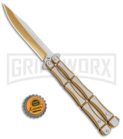 Gold Bone Balisong Drop Point Butterfly Knife - 2 Tone Plain -Buck Knives Sales Store Gold Bone Balisong DP Butterfly TT Plain GX 37370 jr bottlecap large