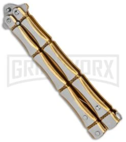 Gold Bone Balisong Drop Point Butterfly Knife - 2 Tone Plain -Buck Knives Sales Store Gold Bone Balisong DP Butterfly TT Plain GX 37370 jr side large