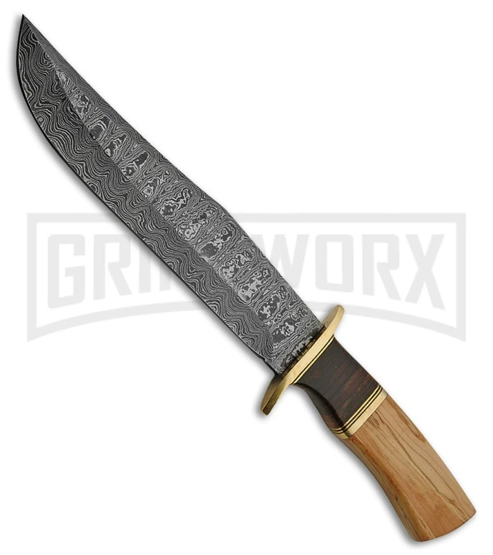 Tallen Khan Olive Wood Fixed Blade Knife - Damascus Plain 1 Tallen Khan Olive Wood Fixed Blade Knife - Damascus Plain