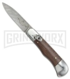 8" Medteh Russian Bottom Bolster Stiletto Wood Automatic Knife - Damascus Plain