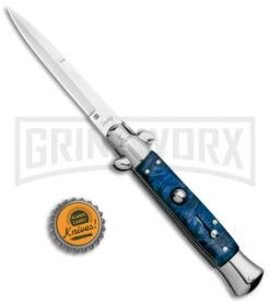 Milano 9" Italian Stiletto Blue Swirl Automatic Knife - Bayonet Satin 9 Milano 9" Italian Stiletto Blue Swirl Automatic Knife - Bayonet Satin -Buck Knives Sales Store Milano 9in Italian Stiletto Blue Swirl Auto Bayo Satin GSE019MBL GX 33531 jr bottlecap large