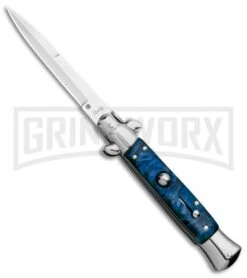 Milano 9" Italian Stiletto Blue Swirl Automatic Knife - Bayonet Satin