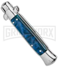 Milano 9" Italian Stiletto Blue Swirl Automatic Knife - Bayonet Satin 7 Milano 9" Italian Stiletto Blue Swirl Automatic Knife - Bayonet Satin -Buck Knives Sales Store Milano 9in Italian Stiletto Blue Swirl Auto Bayo Satin GSE019MBL GX 33531 jr side large