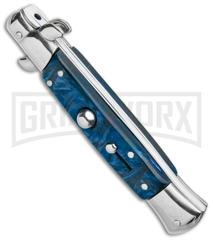 Milano 9" Italian Stiletto Blue Swirl Automatic Knife - Bayonet Satin 2 Milano 9" Italian Stiletto Blue Swirl Automatic Knife - Bayonet Satin - Image 2
