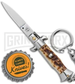 SKM 2.75" Italian Stiletto Keychain Stag Automatic Knife - Satin Plain -Buck Knives Sales Store SKM 2.75in Italian Stiletto Keychain Sim Abalone Auto Satin GX 36953 jr bottlecap large