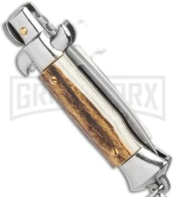 SKM 2.75" Italian Stiletto Keychain Stag Automatic Knife - Satin Plain -Buck Knives Sales Store SKM 2.75in Italian Stiletto Keychain Sim Abalone Auto Satin GX 36953 jr side large