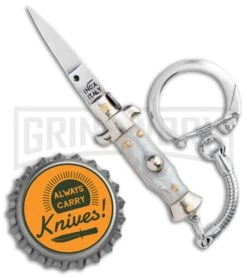 SKM 2.75" Italian Stiletto Keychain Gray Automatic Knife -Buck Knives Sales Store SKM 2.75in Keychain Stiletto Auto Gray Satin Flat BHQ 51051 jr bottlecap large
