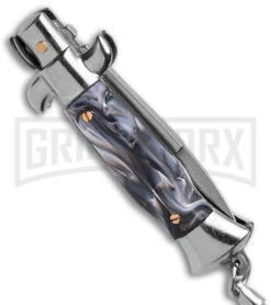 SKM 4" Italian Stiletto Gray Acrylic Automatic Knife Keychain - Bayo -Buck Knives Sales Store SKM 4in Keycahin Stiletto AK Knife Gray Acrylic 1in Satin BAYO BHQ 183373 td side large