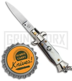 SKM 4" Italian Stiletto Brazilian Horn Automatic Knife Keychain - Flat Grind -Buck Knives Sales Store SKM 4in Keychain Stiletto Auto Brazilian Horn Satin Flat BHQ 125146 jr bottlecap large
