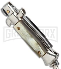 SKM 4" Italian Stiletto Brazilian Horn Automatic Knife Keychain - Flat Grind -Buck Knives Sales Store SKM 4in Keychain Stiletto Auto Brazilian Horn Satin Flat BHQ 125146 jr side large