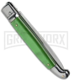 SKM 9.5" Green Acrylic Fancy Lever Lock Automatic Stiletto Knife - Satin Bayo -Buck Knives Sales Store SKM 9.5in Fancy Acrylic LL Stiletto Bayo Green BP 19171 jr side large