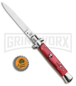 SKM 9" Italian Stiletto Red Acrylic Automatic Knife - Dagger Satin Plain -Buck Knives Sales Store SKM 9in Stiletto Auto Red Acrylic Satin Flat BHQ 92046 jr bottlecap large
