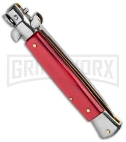 SKM 9" Italian Stiletto Red Acrylic Automatic Knife - Dagger Satin Plain -Buck Knives Sales Store SKM 9in Stiletto Auto Red Acrylic Satin Flat BHQ 92046 jr side large