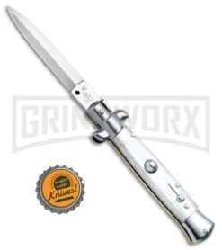 SKM/AB 9" Italian Stiletto White Pearlex Automatic Knife - Satin Dagger -Buck Knives Sales Store SKM AB Italian Stiletto White Pearlex Dagger Satin BHQ 51170 jr bottlecap large