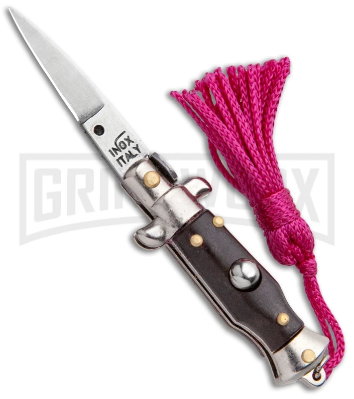 Italian Stiletto Brown Automatic Knife Pink Keychain - Flat Grind 1 Italian Stiletto Brown Automatic Knife Pink Keychain - Flat Grind