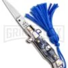 Italian Stiletto Gray Marble Automatic Knife Blue Keychain - Flat Grind