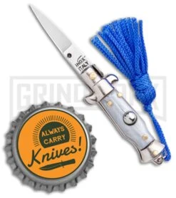 Italian Stiletto Gray Automatic Knife Blue Keychain - Flat Grind -Buck Knives Sales Store SKM Italian Stiletto Keychain Auto Silver Blue Satin BHQ 102946 jr bottlecap large