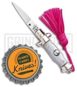 SKM Italian Stiletto Gray Automatic Knife Pink Keychain - Flat Grind -Buck Knives Sales Store SKM Italian Stiletto Keychain Auto Silver Pink Satin BHQ 102939 jr bottlecap large