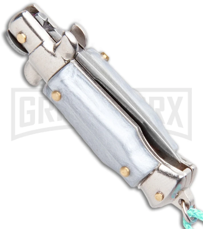 Italian Stiletto Gray Automatic Knife Teal Keychain - Flat Grind 3 Italian Stiletto Gray Automatic Knife Teal Keychain - Flat Grind - Image 3