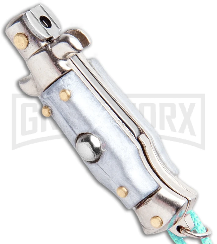 Italian Stiletto Gray Automatic Knife Teal Keychain - Flat Grind 2 Italian Stiletto Gray Automatic Knife Teal Keychain - Flat Grind - Image 2