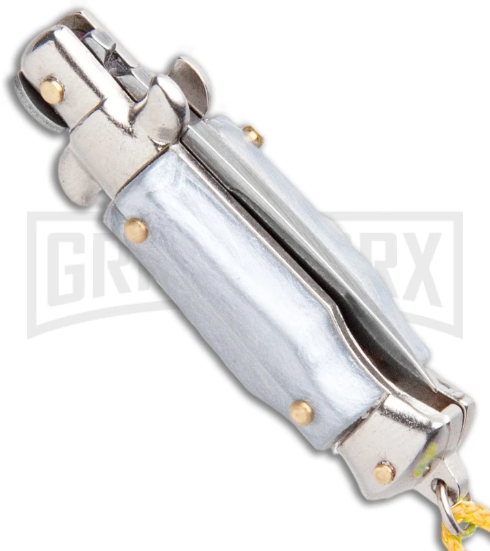 Italian Stiletto Gray Automatic Knife Yellow Keychain - Flat Grind 3 Italian Stiletto Gray Automatic Knife Yellow Keychain - Flat Grind - Image 3