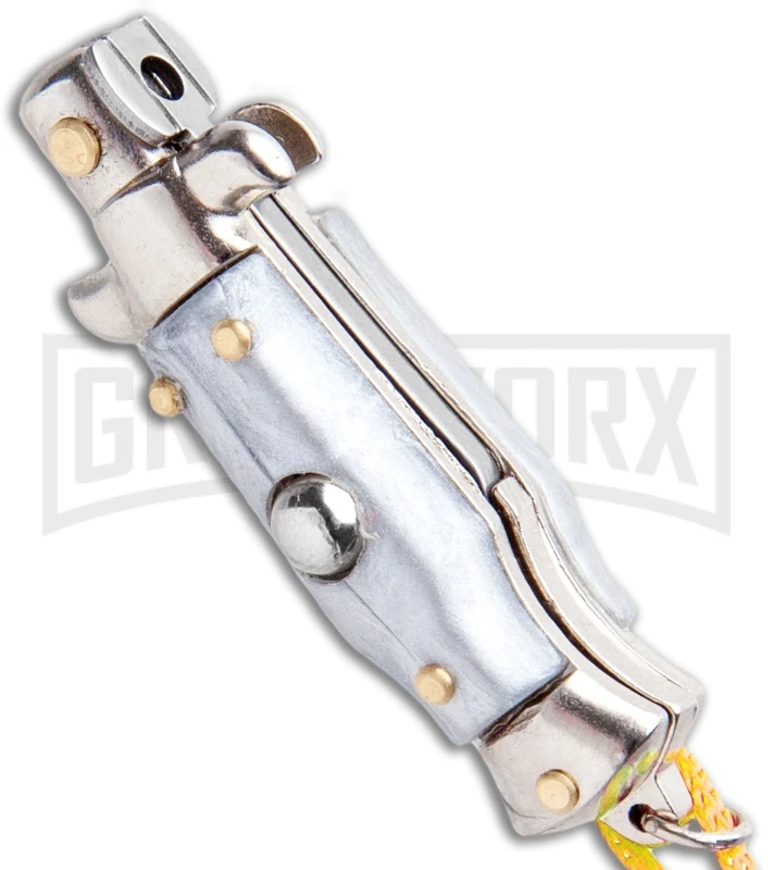 Italian Stiletto Gray Automatic Knife Yellow Keychain - Flat Grind 2 Italian Stiletto Gray Automatic Knife Yellow Keychain - Flat Grind - Image 2